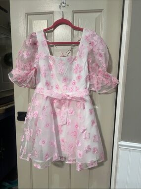 LoveLo Pink and White Floral Organza Midi Dress